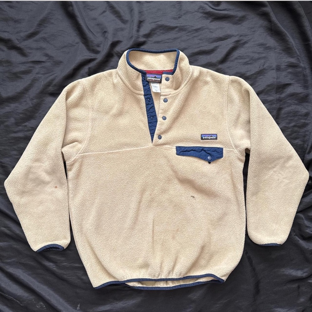Patagonia Baggy Relaxed Fit Synchilla Beige Fleece Snap-T Fleece Pullover Jacket